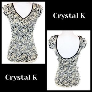 Crystal K Black Trim Floral Lace V Neck Top Size S